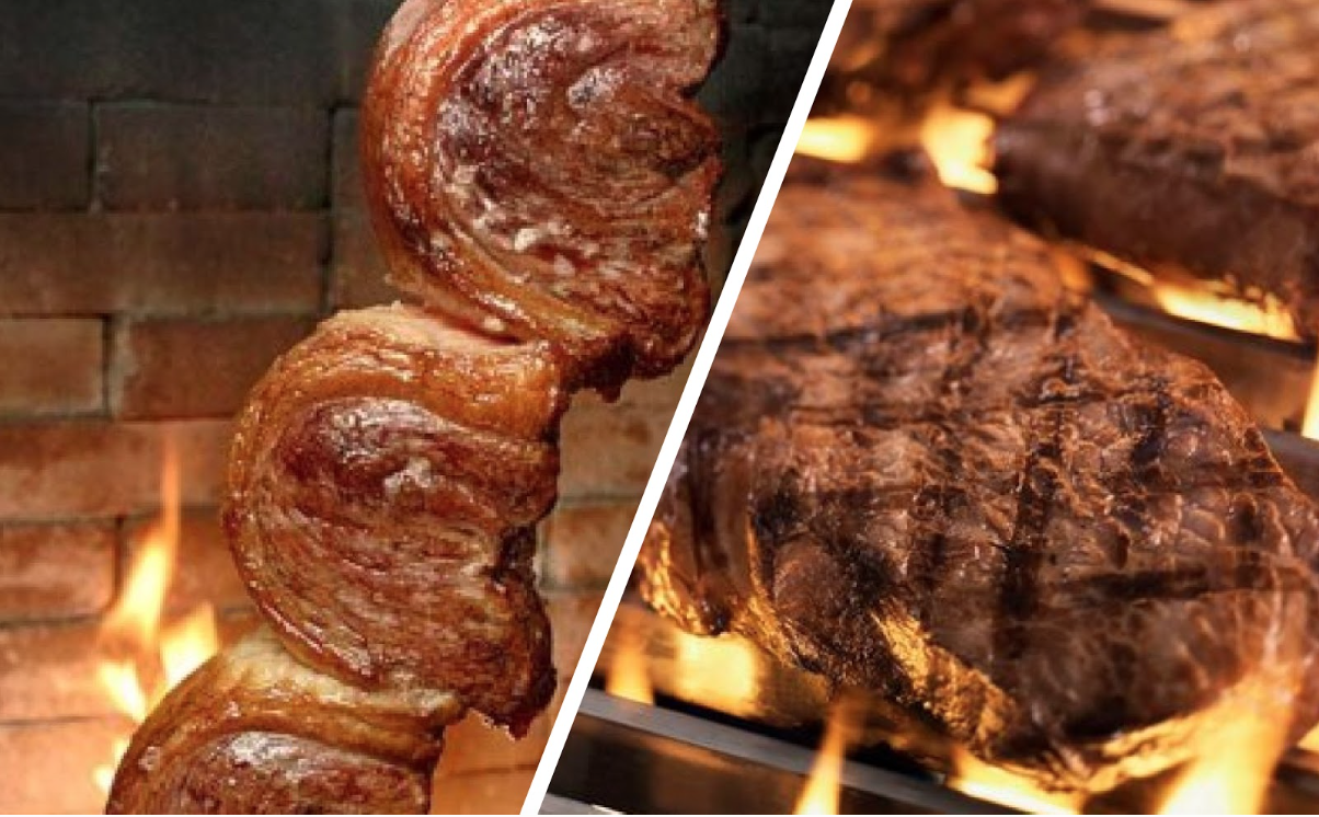 A imagem mostra uma churrasqueira acesa e lotada de espetos de carne para  um suculento churrasco.Tanto o Brasil quanto o…